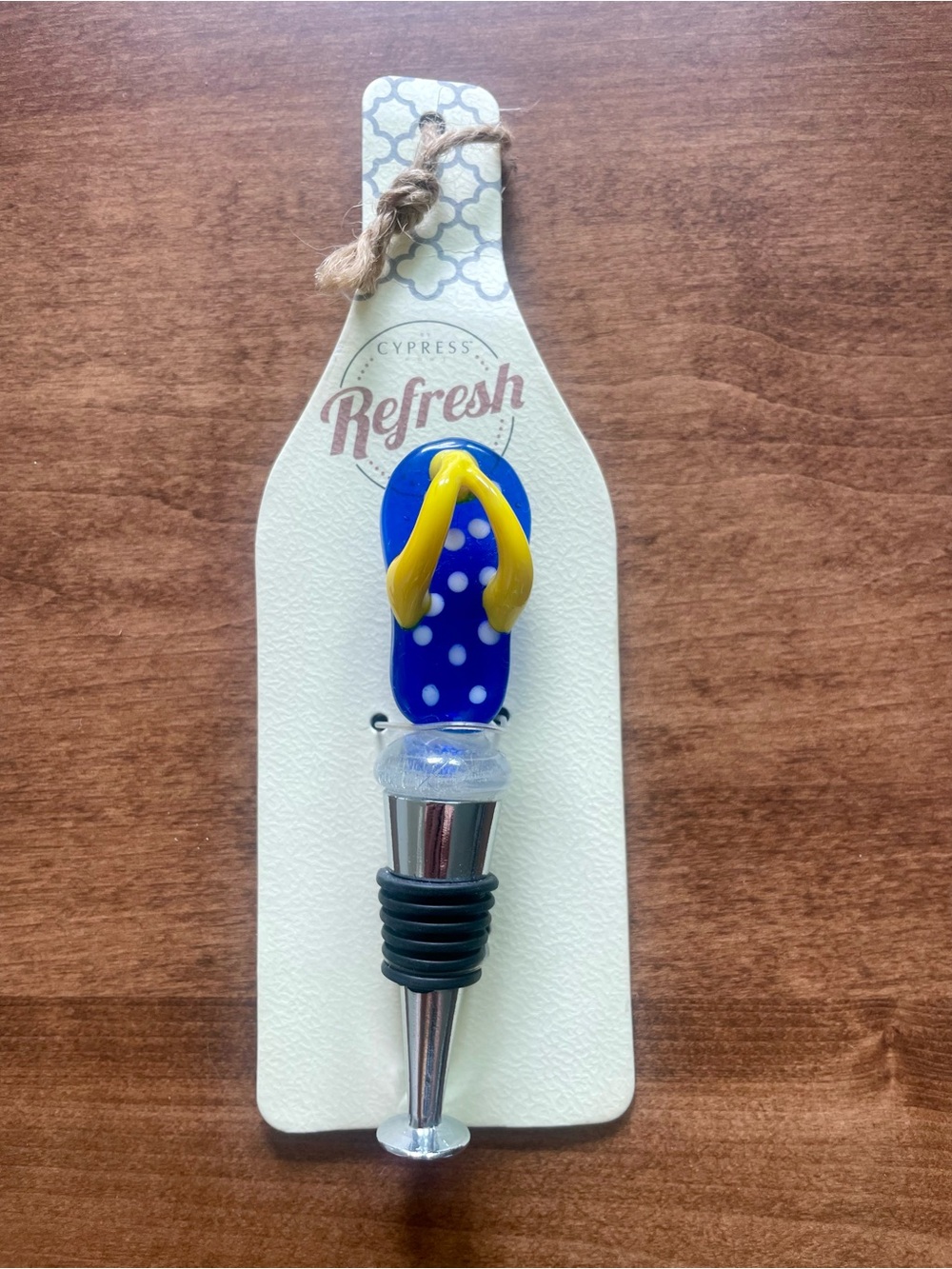 Glass Flip Flop Wine Bottle Stopper - Blue with Yellow Straps